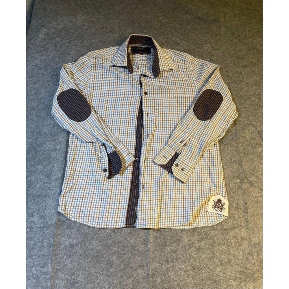 Coogi Luxe Mens Plaid Button‎ Down Shirt Blue Brown Elbow Patches Large L